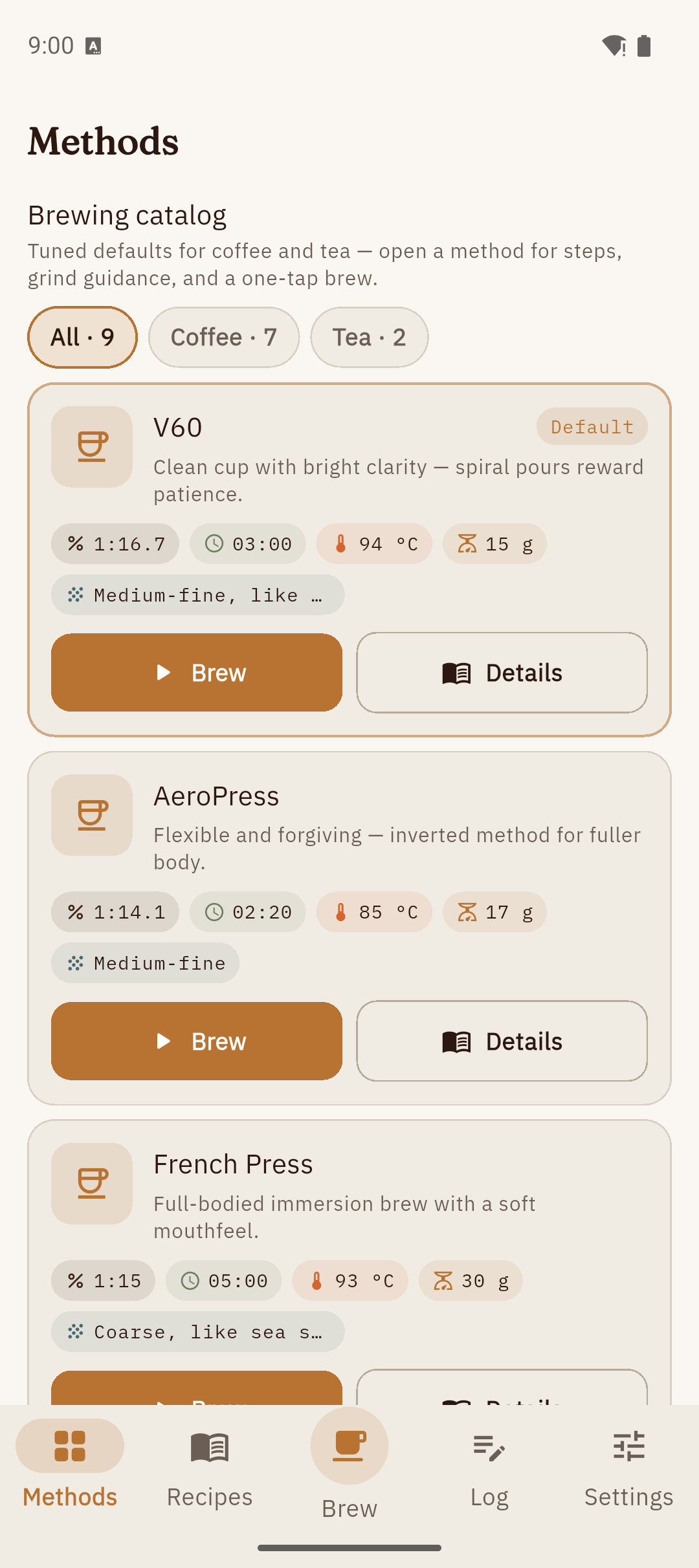 Methods catalog screen