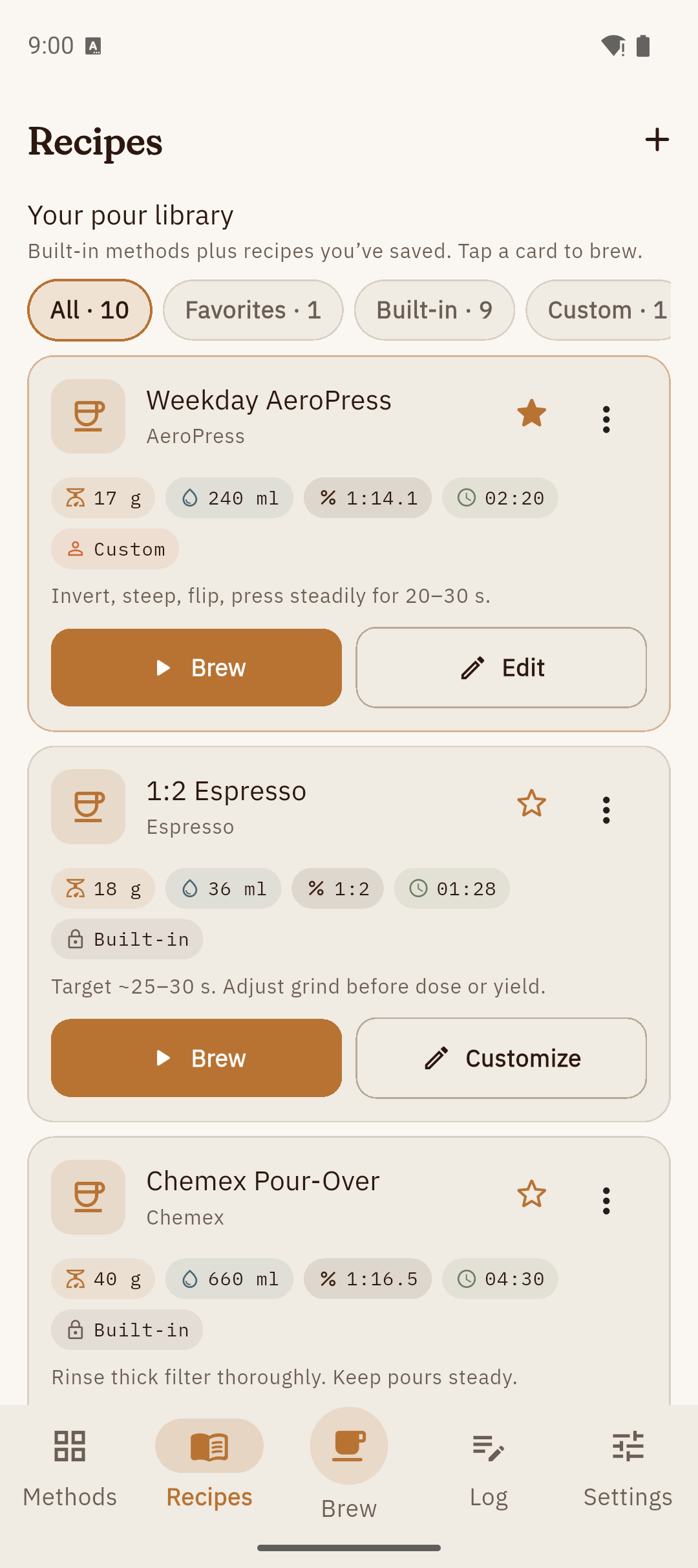 Recipes screen